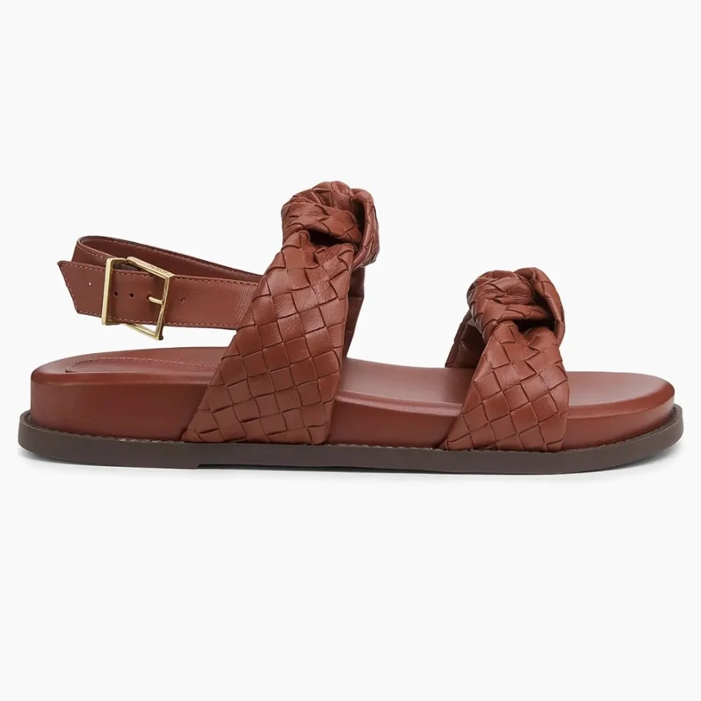 new SCHUTZ Kareena Brown Woven Leather Knot Sandals Ankle Strap Flat 6.5 - Picture 4 of 9